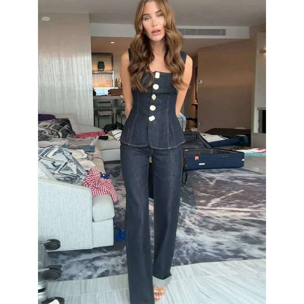 Vêtements de créateurs 2025 Femmes Vintage Top Pant Set Square Collar Single Pinsed Tank High Taist Jeans Femmes 2025 Fashion Y2K Denim Outfits