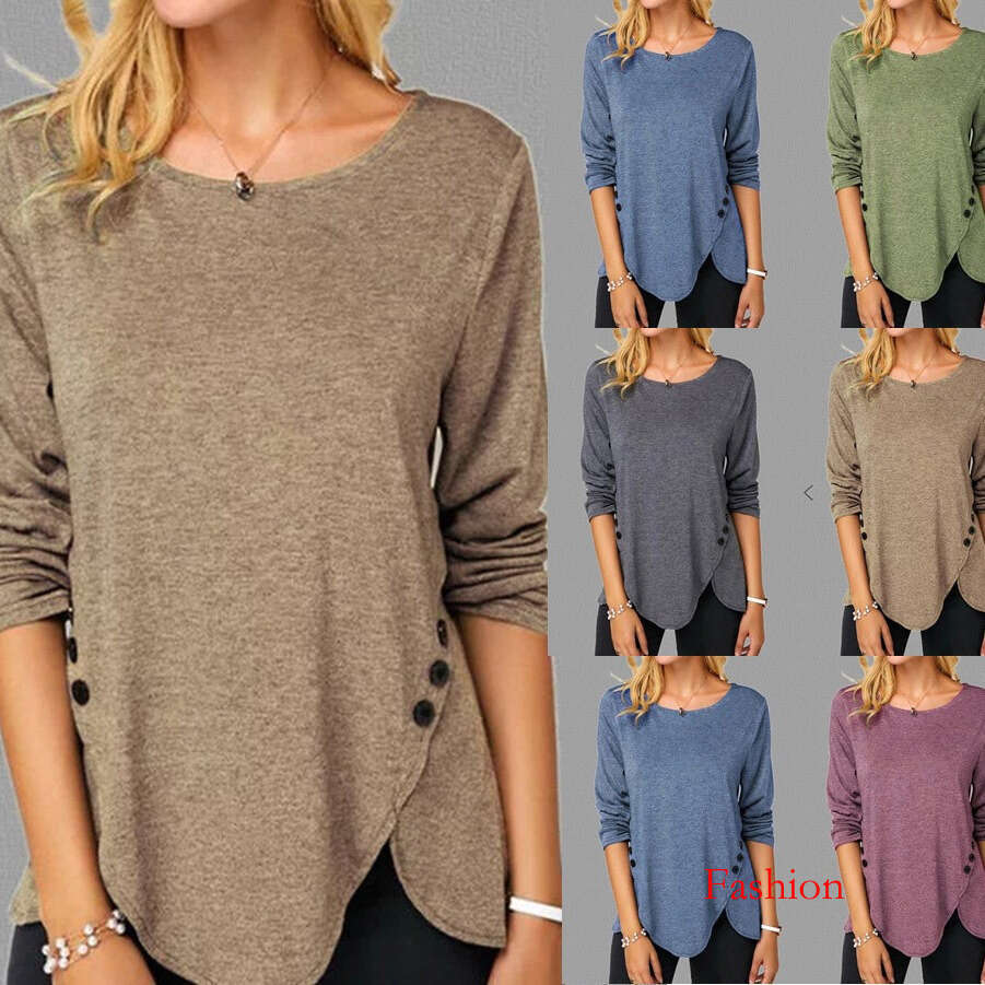 2019 Autumn Irregular Hem Long Sleeve Round Neck Plus Size T-Shirt B5 b7