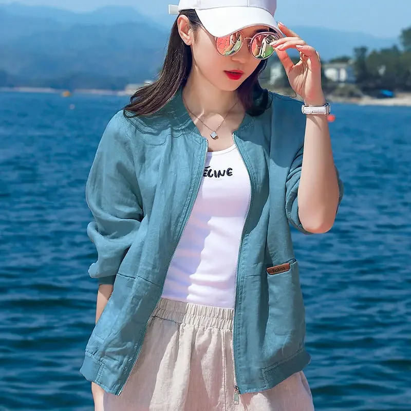 Cotton Linen Thin Womens Jacket Short Loose Breathable Woman Summer Fashion and Leisure Coat Top Jacket 250611