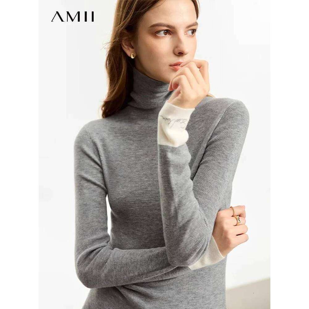 AMII Minimalist 2023 Turtleneck Fashion Women Sweater Autumn Warm Slim Sweaters Spliced Long Sleeve Bottom Pullovers 12323069