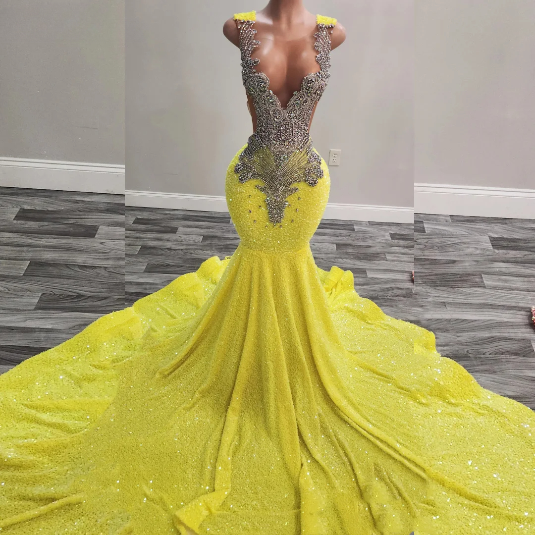 Customized Luxury Yellow Sequin Mermaid Prom Dresses For Blackgirls Silver Daimonds Beaded Party Dress