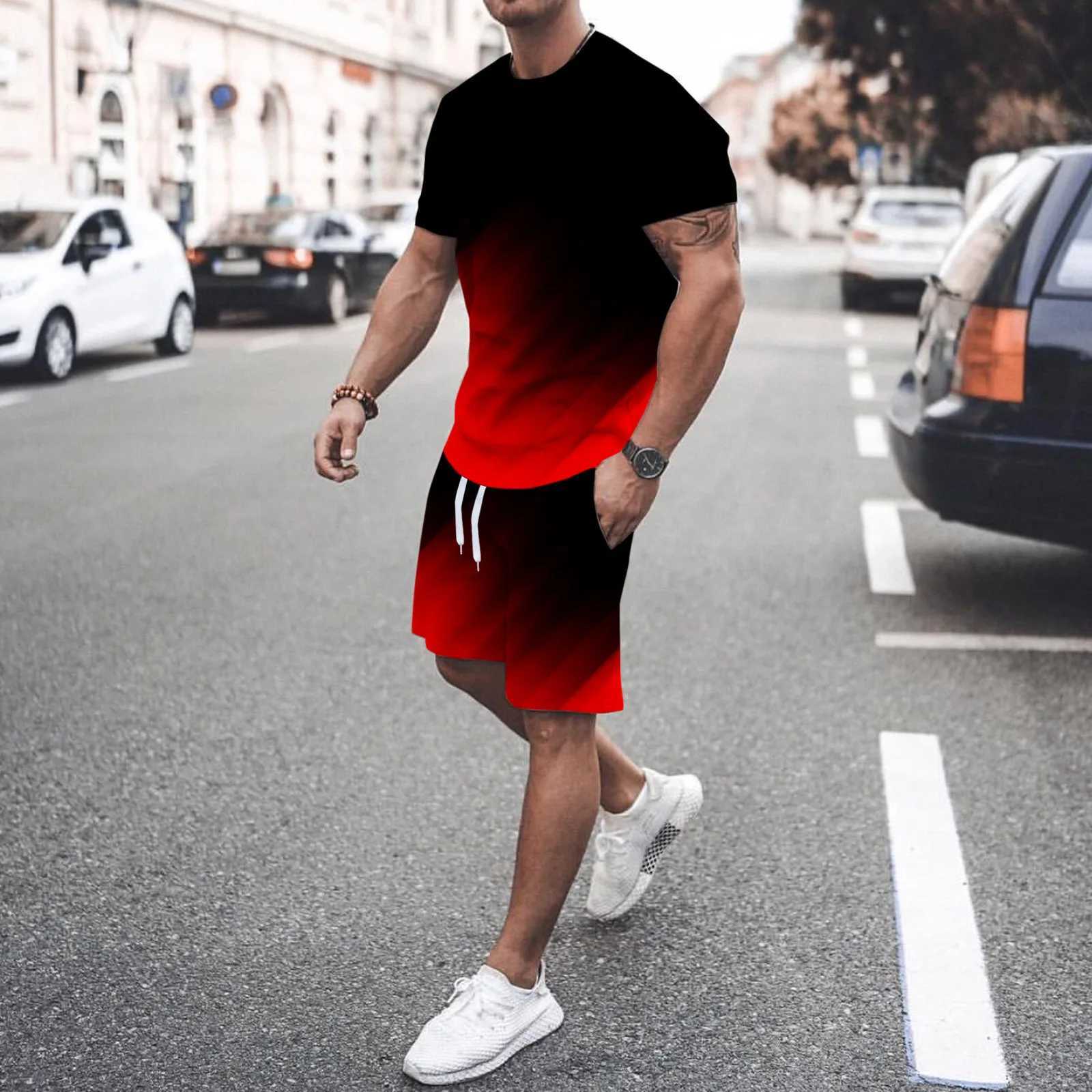 New Arrivals Mens 2 Piece T-shirt Sets Red And Black Gradient 3D Printed T-shirt Shorts Suits Men Oversized Streetwear W250613