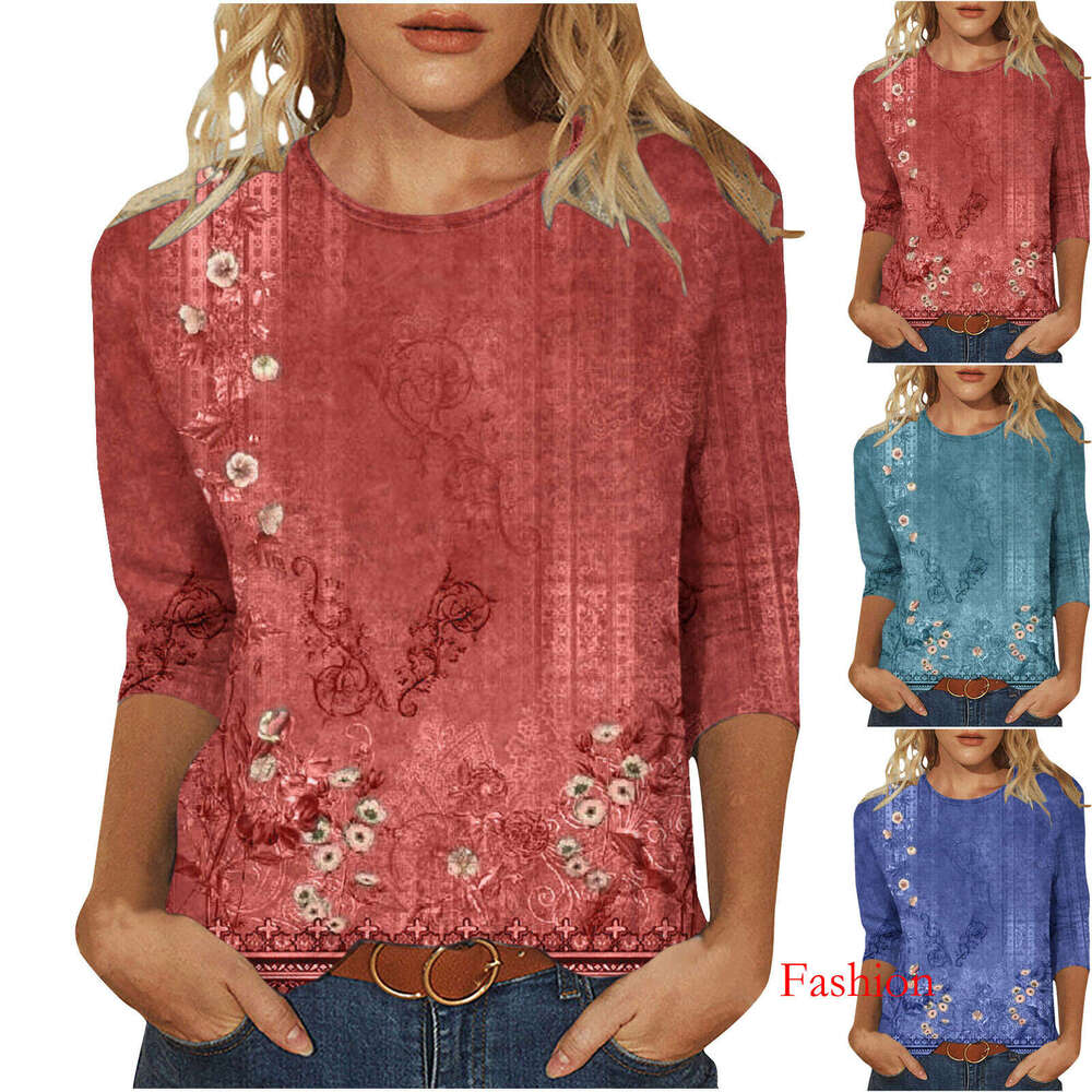 Summer New 3D Digital Print V-Neck Pullover T-Shirt With Three-Quarter Sleeves B5 gy