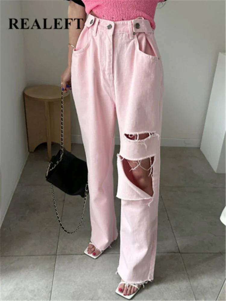 EFT Hole Pink Womens Denim Wide Leg Pants High Waist Spring Summer Casual White Jeans Straight Trousers Female 250606