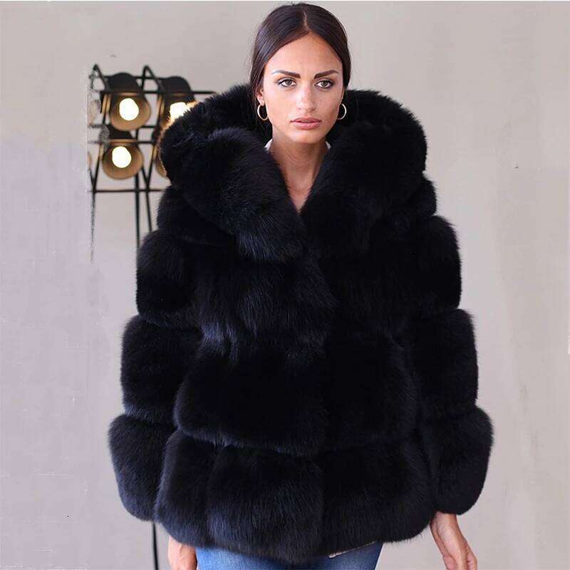 HJQJLJLS 2021 Hiver Nouvelles femmes Elegant Black Faux Fox Hotted Femme épais chaude et manteau artificiel Veste de fourrure