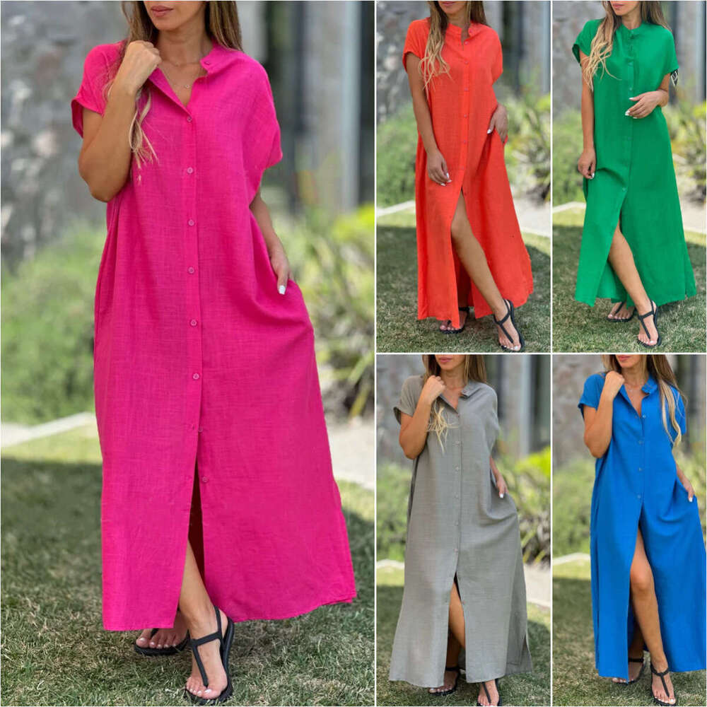 Été Nouvelle femme de couleur solide en lin en coton long mode longue robe cardigan à manches courtes décontractée b5