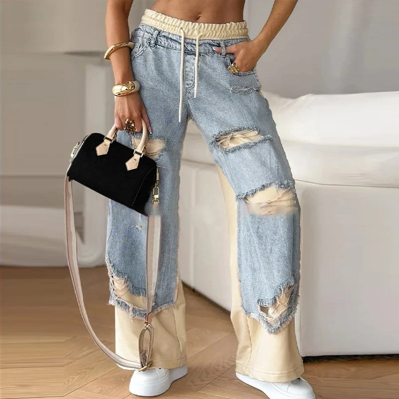 Womans Ripped Patchwork Contrast Denim Trousers Elastic Lace Up Drawstring Jeans Straight Wide Leg Baggy Trousers Casual Pants 250606