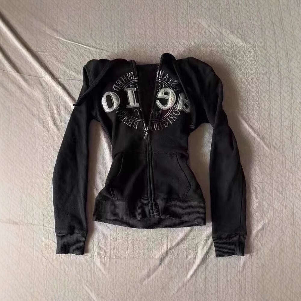 Trendy Short Slim Fit Jacket New Design Sense Niche Black Hooded Casual Foam Letter Sweatshirt For Women
