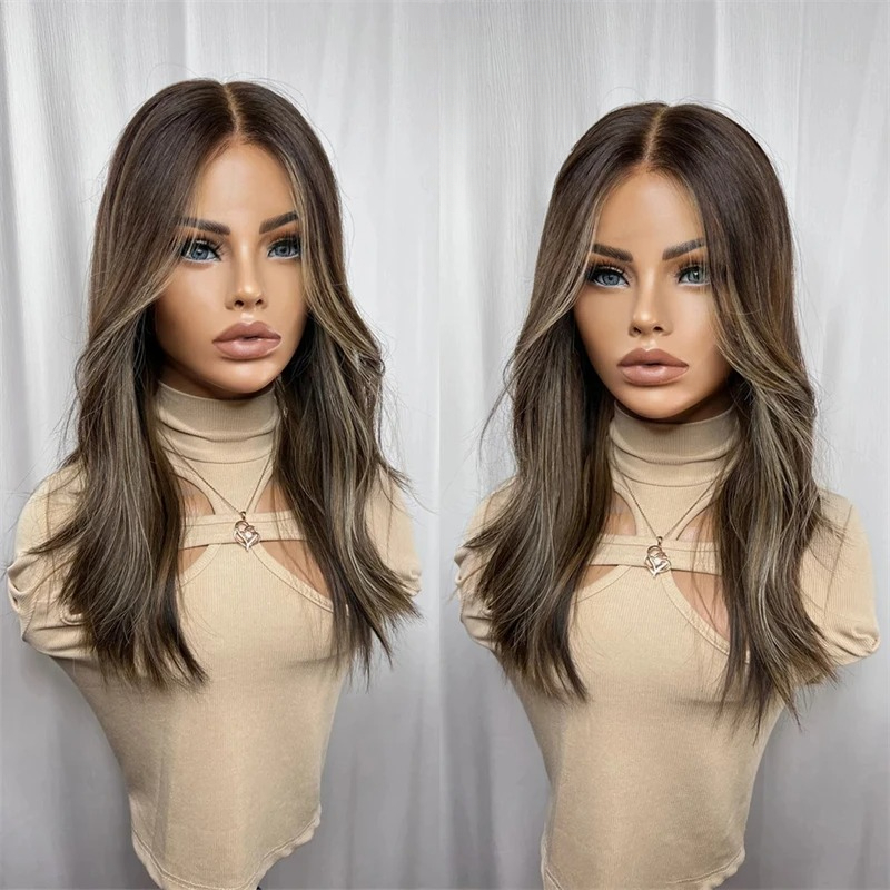 Black Brown Lowlights Lace Wig Soft Natural Synthetic Wig High Heat Fibre Wavy Lace Frontal Wigs 13x4 High Quality Like Real Wig Synthetic