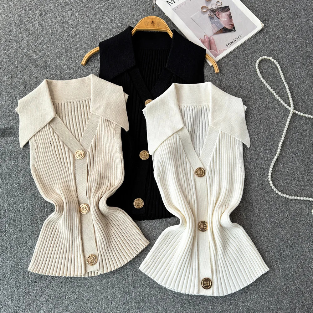 Polo Shirts Women Tops Solid Knitted Casual Slim Fit Regular Vest Top Elegant Splice Single Breasted Simple Tees Summer 250613