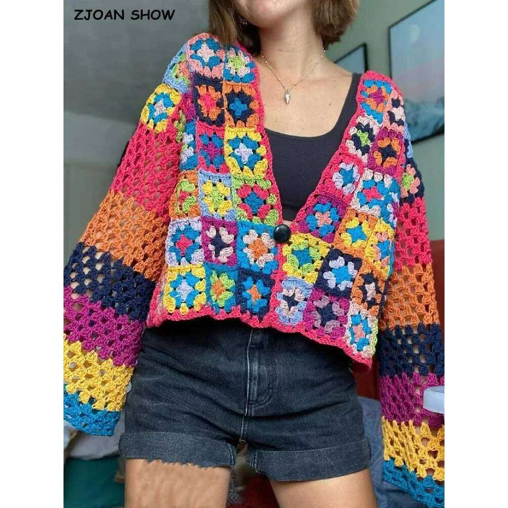 Cardigan BOHO à carreaux en Crochet pour femme, fait à la main, col en V, manches longues, pull à un bouton, tricot, pull de vacances, 2022