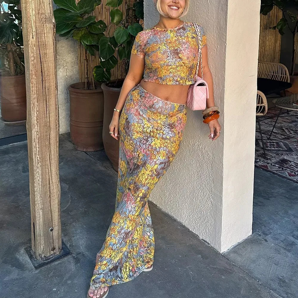 VEITCHE Summer Women Rainbow Lace Print Maxi Skirt Set Sexy Skinny Short Sleeved See Through Top Suit Ladies Caual Outfit 250609