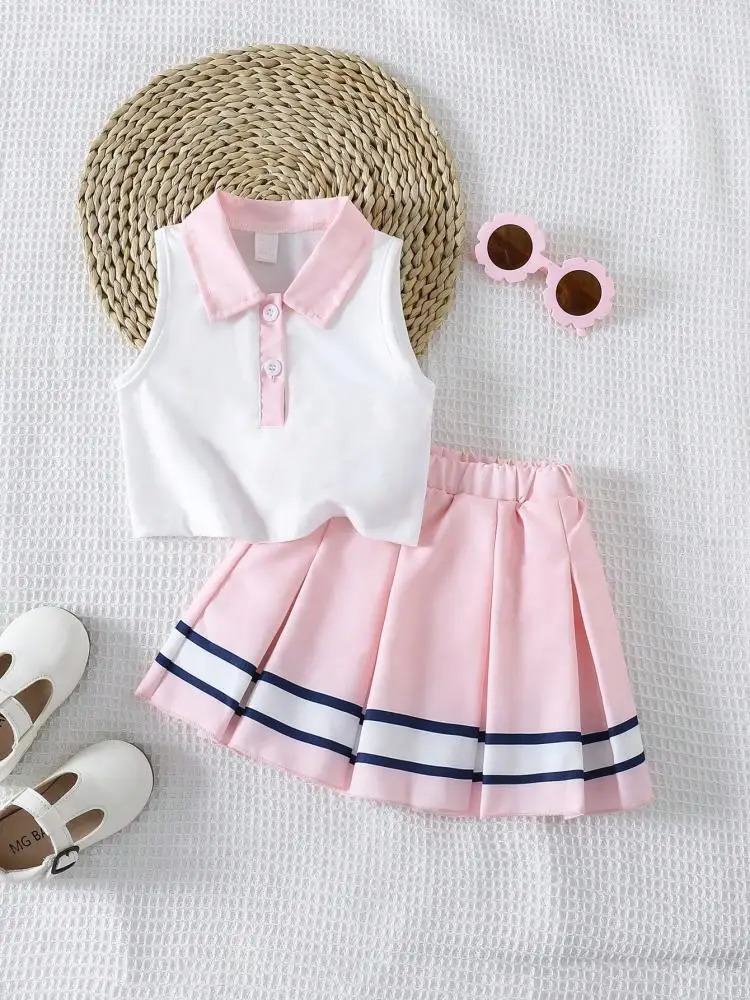 2 Pcs Childrens Set of Summer Contrast Color Lapel Tank Buttons Tops and Short Skirts Sweet Cute Kid Girls Clothing Suit 250612