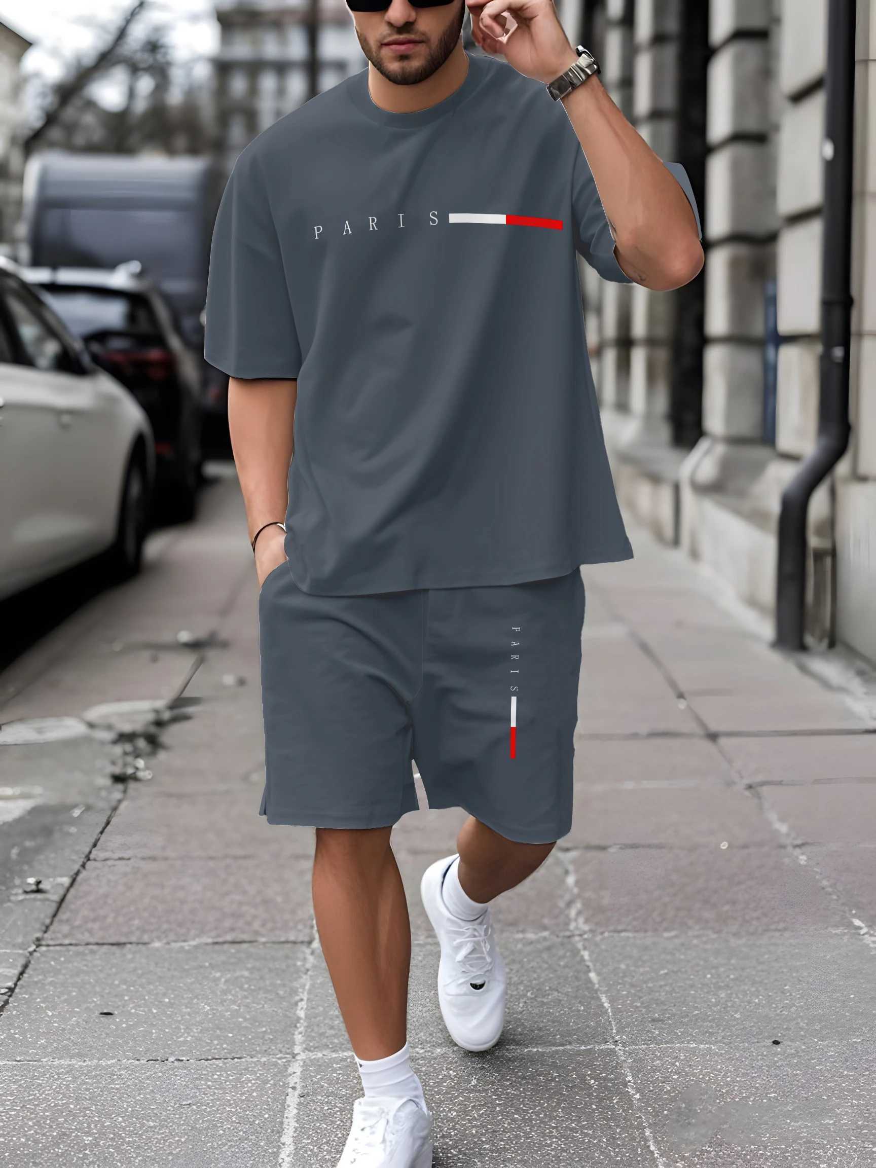 Mens Printed Short Sleeve T-Shirt + Shorts Set Casual Sportswear Breathable Outdoor Casual Mens T-Shirt Five Pants Set W250613