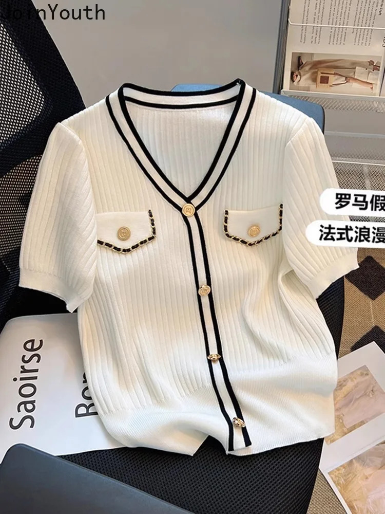 V-neck Short Sleeve Knitted Woman Tshirts 2025 Ropa Mujer Single Breasted Tunic Summer Tees Casual Fashion Korean White T Shirt250609