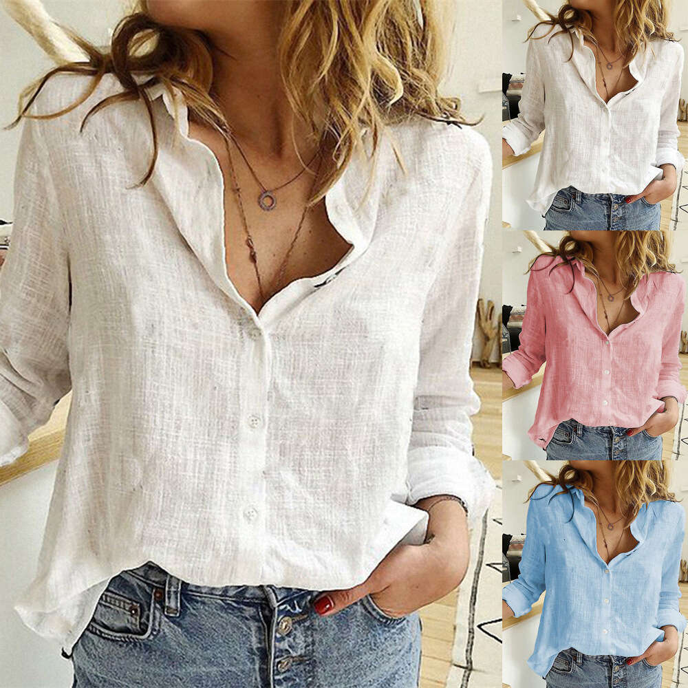 Spring And Autumn Solid Color Casual Loose Long Sleeve Linen Shirt With Sleeves For Women B5