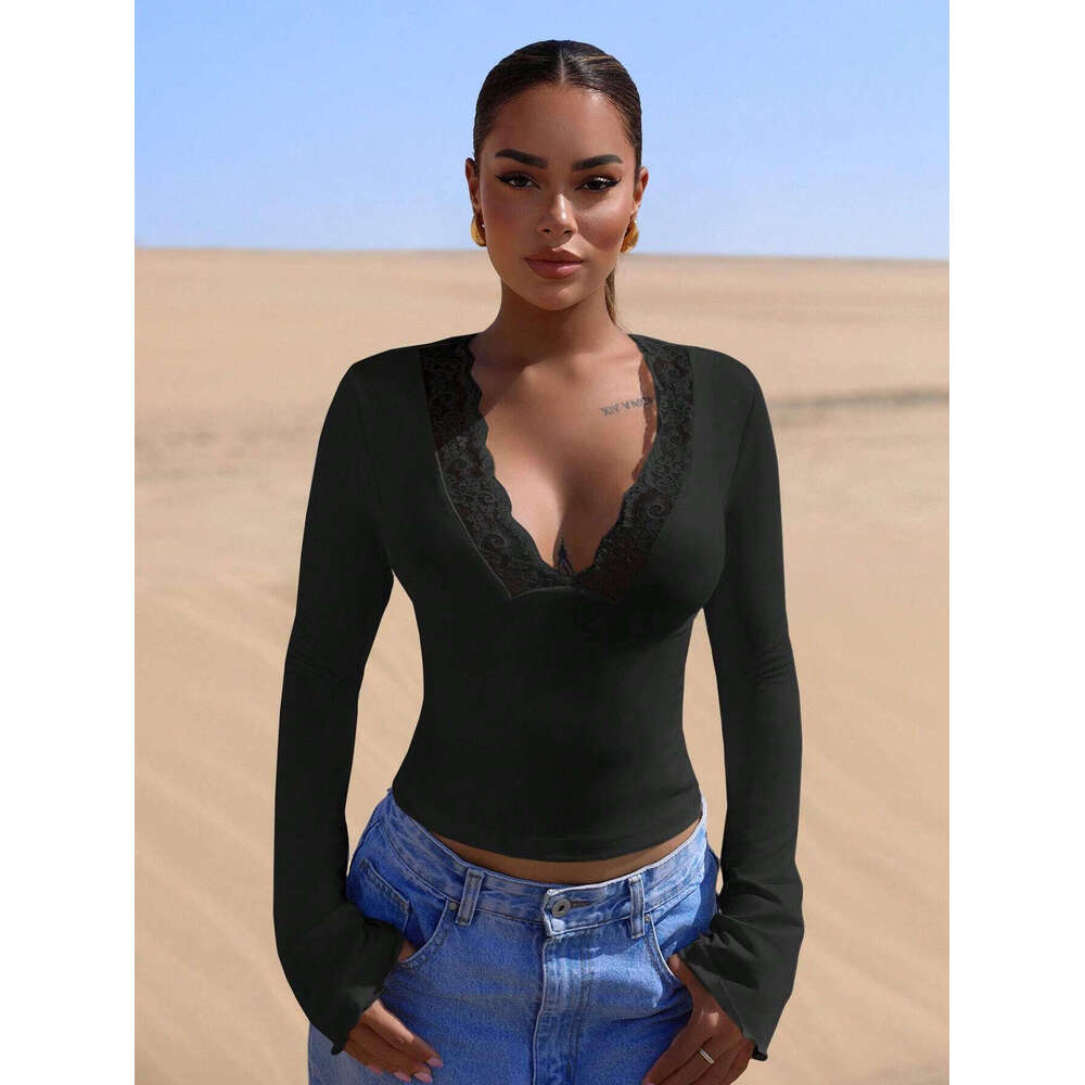 Ins New V-Neck Patchwork Lace Trim Sexy Hot Girl Long Sleeve Slim Fit Top B5