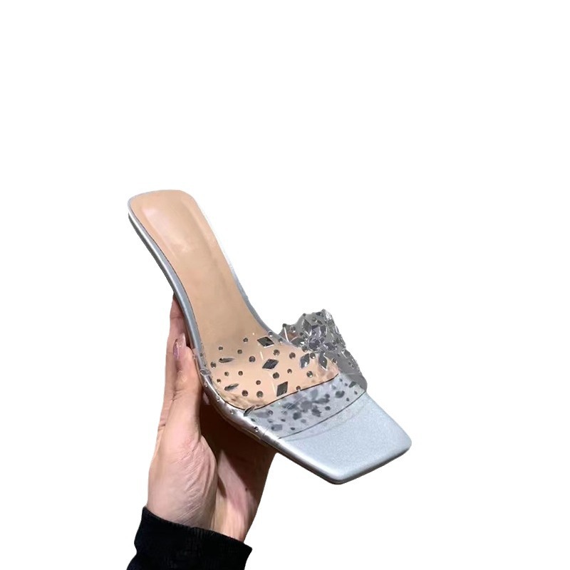 Stylish Fashion Summer Women Pumps Chunky Low Heel Sandals Square Toe Transparent Crystal Perfect Outdoor Wear Solid Mary Jane Shoes