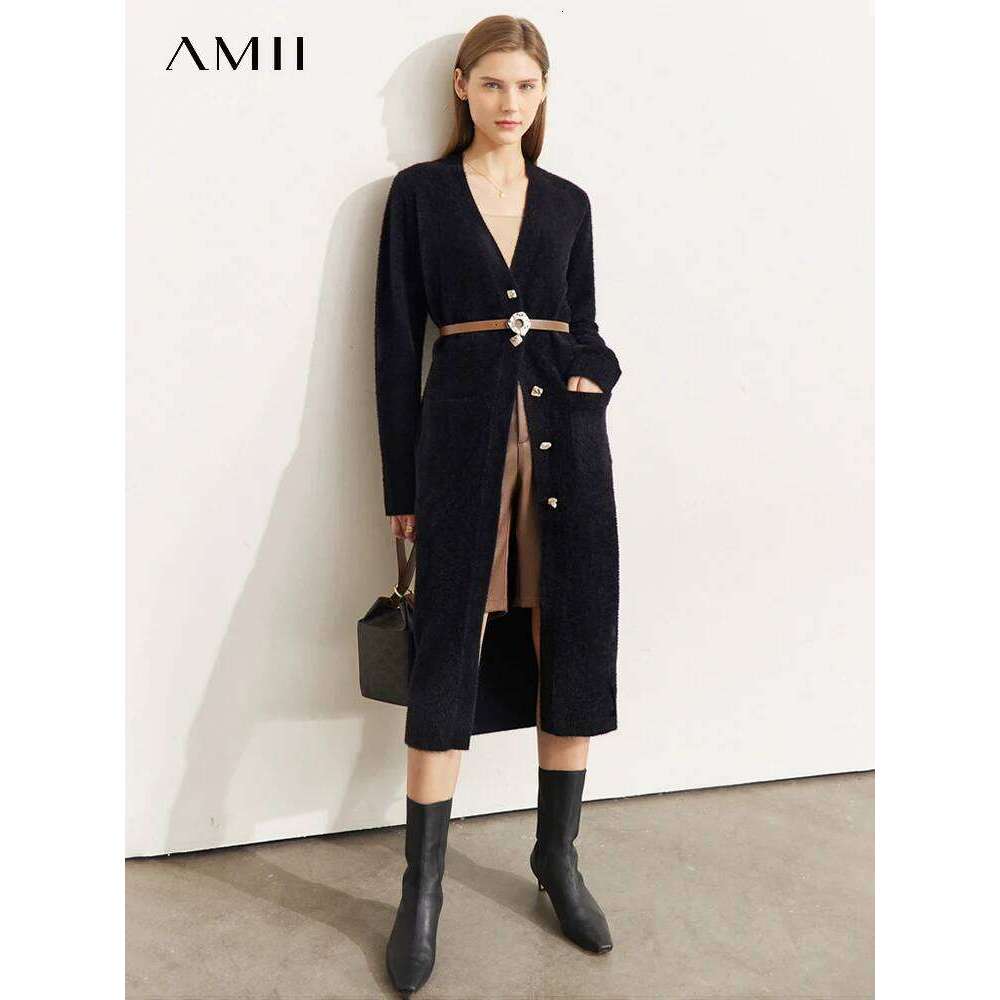 AMII minimalisme pull Cardigan femmes hiver 2022 mode col en v Art bouton conception ample longue tricoté vêtements hauts 12241079
