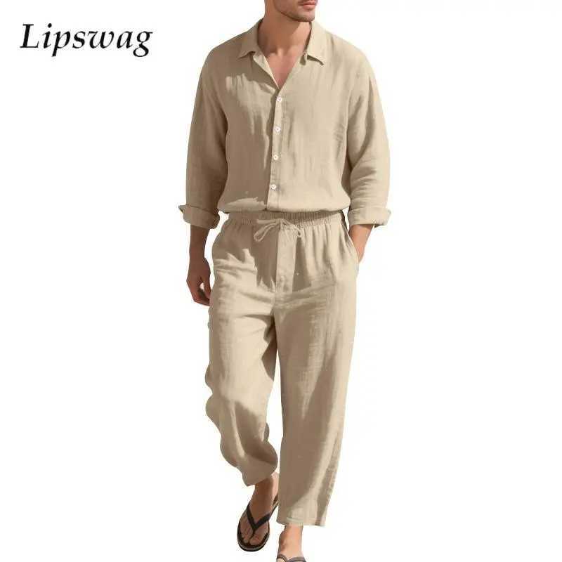 Fashion Long Sleeve Shirt And Pants Linen Sets Men Vintage Solid Color Lapel Tops Outfits Mens Summer Seaside Beach Loose Suits W250613