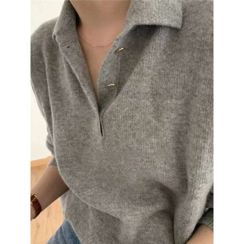 Français vintage col POLO cachemire tricots femmes automne hiver ample polyvalent gris pull décontracté base en laine