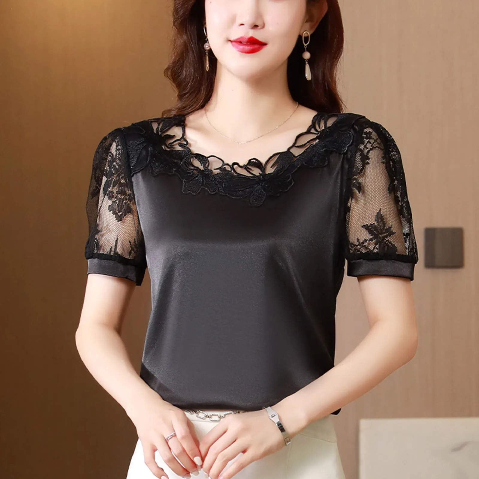 Glamorous Satin Tops for Women Chic Lace Splicing Crew Neck Short Sleeve Top Elegant Temperament Stylish Basic Clothes 250609