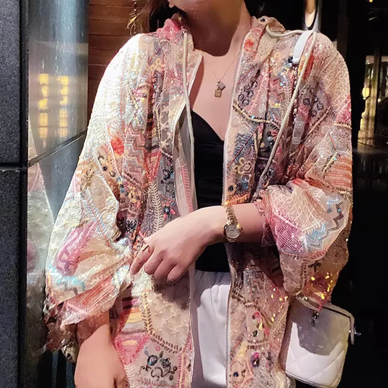 Summer Womens Loose Casual Sequin y Hooded Coats Lace Straight Long Sleeve High Quality Cardigan Jacket Outerwear 250611