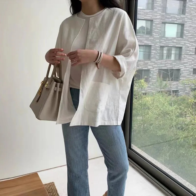 Silk Cotton Linen Top for Women Spring and Summer Retro Largesize Colorblocking Simple Tshirt Women 250611