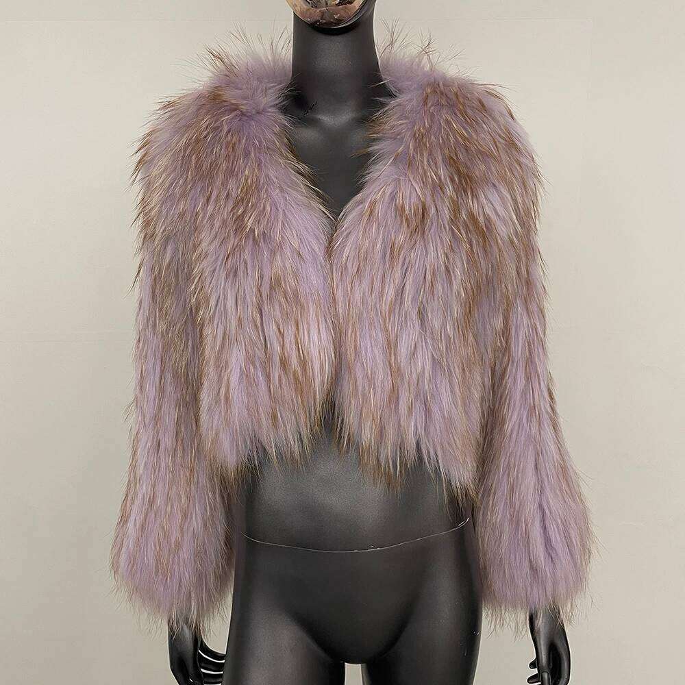 MENINA Women's V-Neck Fur Jacket, Thick Warm Raccoon-Texture Short Coat with Cashmere Lining - Double-Sided Woven, Single-Breasted Closure, Solid Na