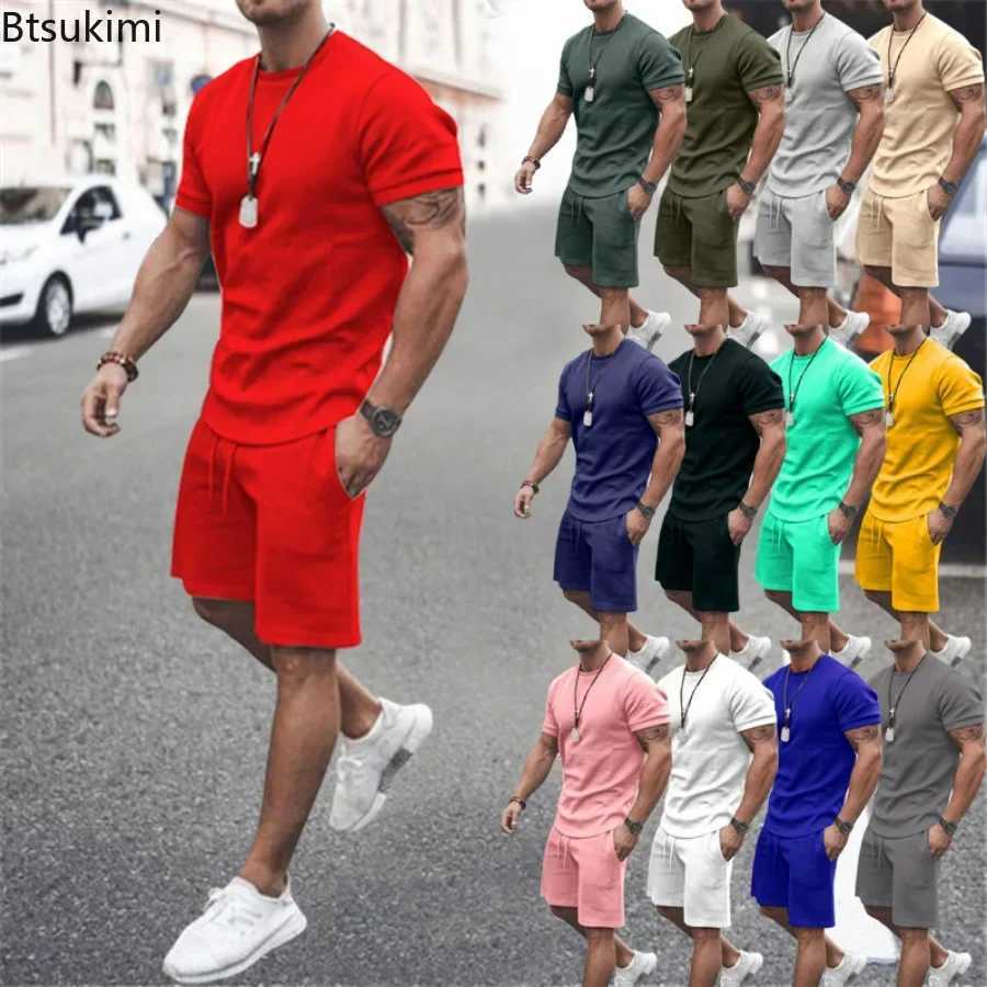 2025 Mens Summer 2PCS Casual Sportswear Suit Sets Solid Fitness Loose Tracksuit Sets Male Short Sleeved Shirts and Shorts Sets W250613