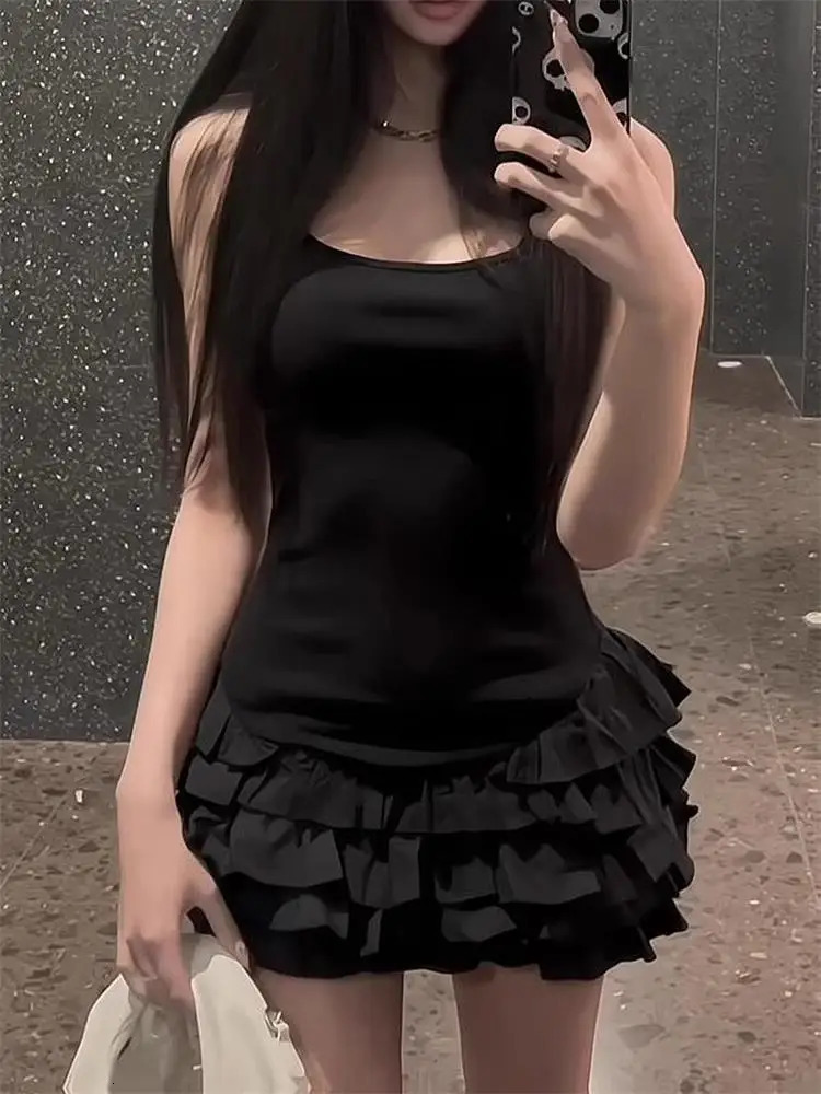 Chic Y2K Sleeveless Mini Dress For Woman Summer Black Dresses Sexy Clubwear Party Slim fit Ruffle Pleated Short 250613