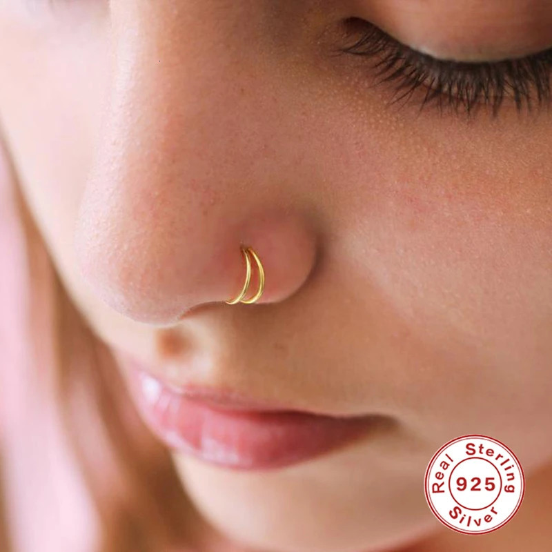 Fashion Clip Rock Fashion Glossy Double Round Nose Rings For Women Men Body Nose Piercing Cartilage Jewelry 925 Sterling Silver 250612
