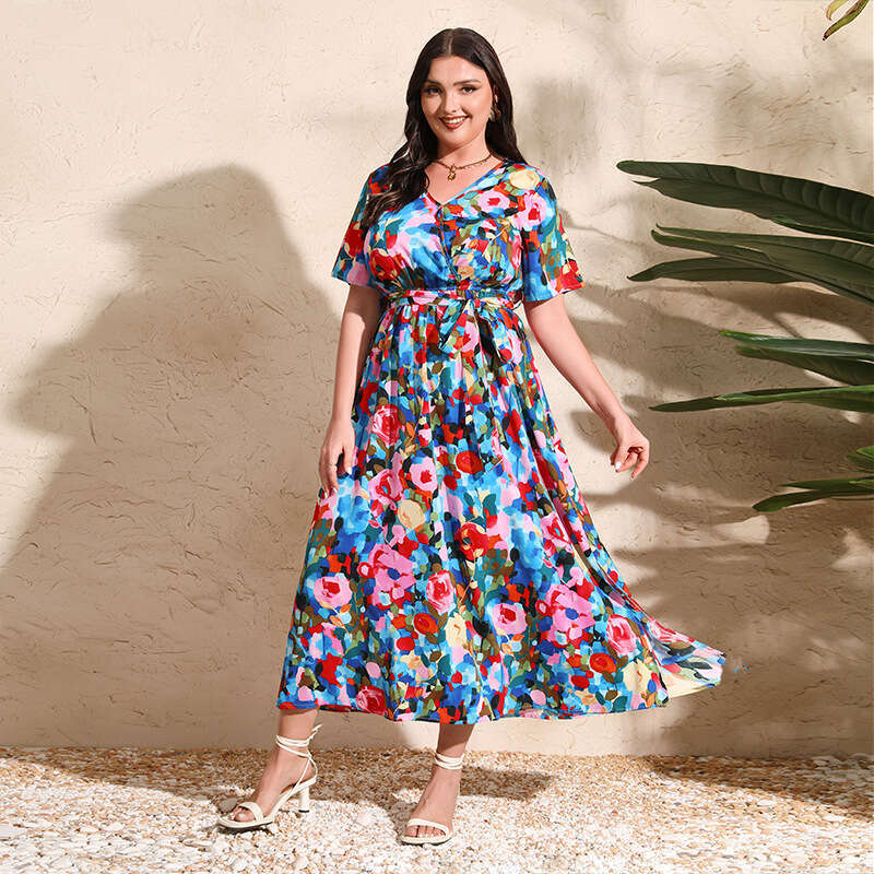 New Russian Hot-Selling Vacation Plus Size V-Neck Short Sleeve Chiffon Dress 100Kg Wearable B5