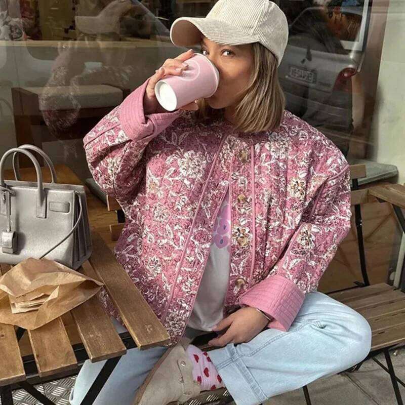 Women New Floral Print Quilted Cotton Fall Winter Thickened Stand Up Collar Long Sleeved Loose Jacket Fashion Outerwear