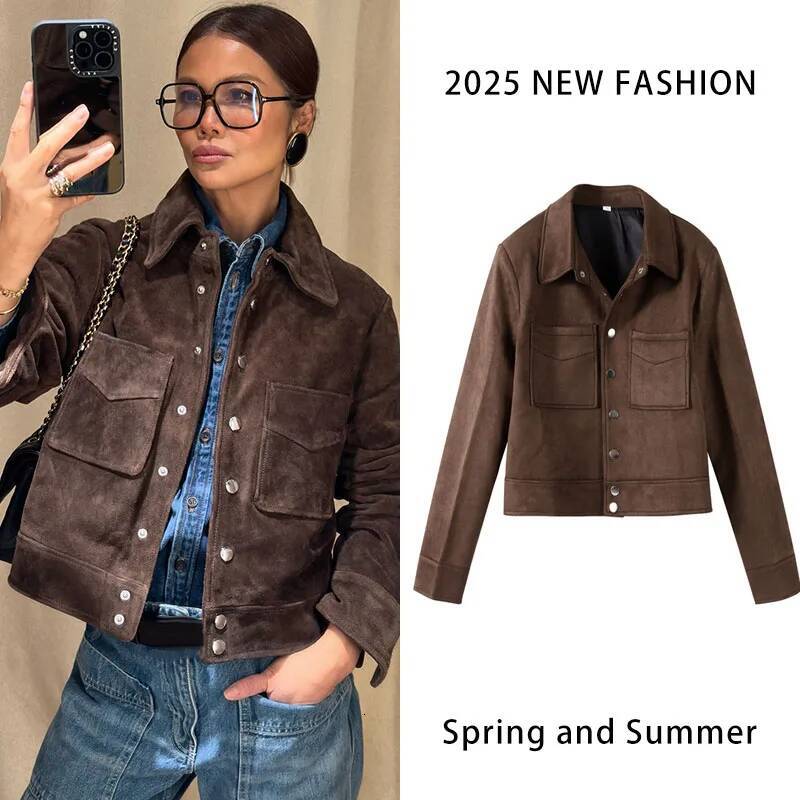Vintage Suede Lapel Zipper Short Jacket Fashion Streetwear Women Button Solid Color Jackets Loose Casual Versatile Outwear 2025
