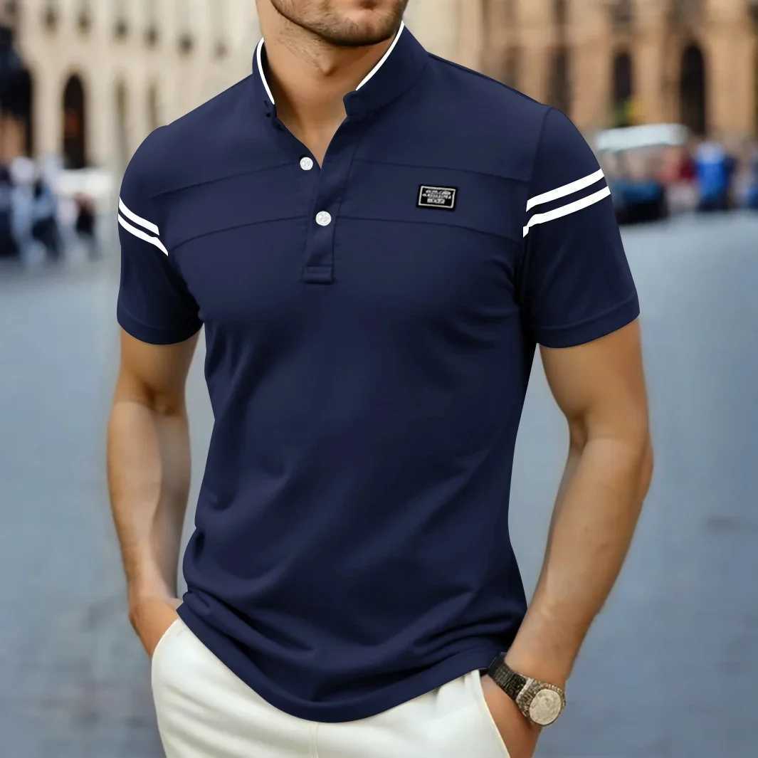 2025 New Mens Casual Fashion Solid Color Short Sleeve Polo Shirt Stand Up Collar Versatile Comfortable Top Z250613