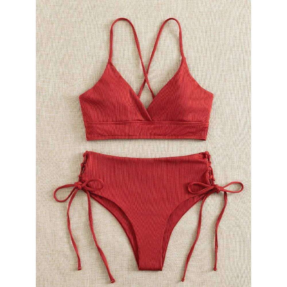 Sexy Solid V Neck Lace Up 2 Piece Women Split Swimsuit High Waist Beach 2025 New Summer Swimwear Bikinis Set