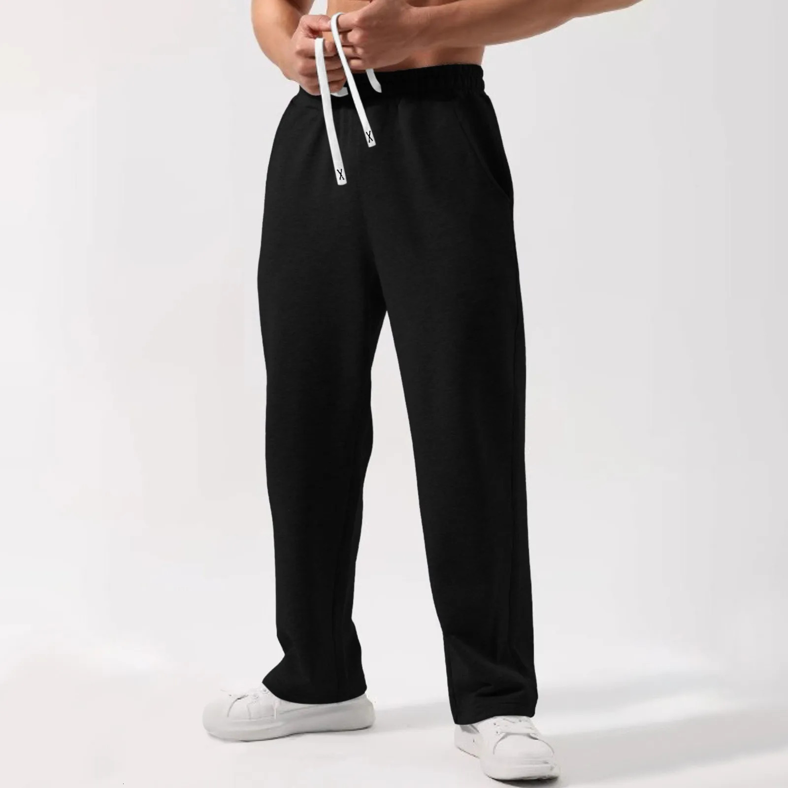 Mens High Waisted Joggers Tech Pants Fall Winter Fleece Lined Sweatpants Wide Straight Leg Bottom Male 250614