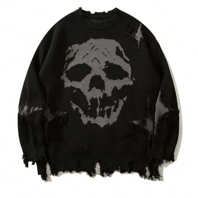 Y2k col rond à manches longues pull tricoté Vintage Streetwear Dark Cry crâne motif Jacquard haut sweat-shirt tenue d'hiver Ootd 250613