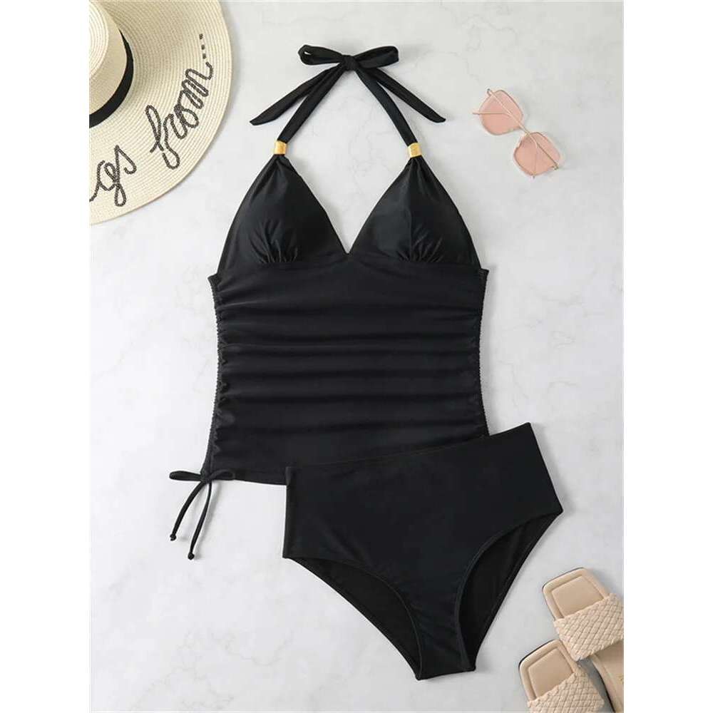 Two Pieces Set Bikini Tankini Swimsuit Women 2025 New Push Up Solid Black Swimwear Bathing Suit Female Brazilian Summer Beach