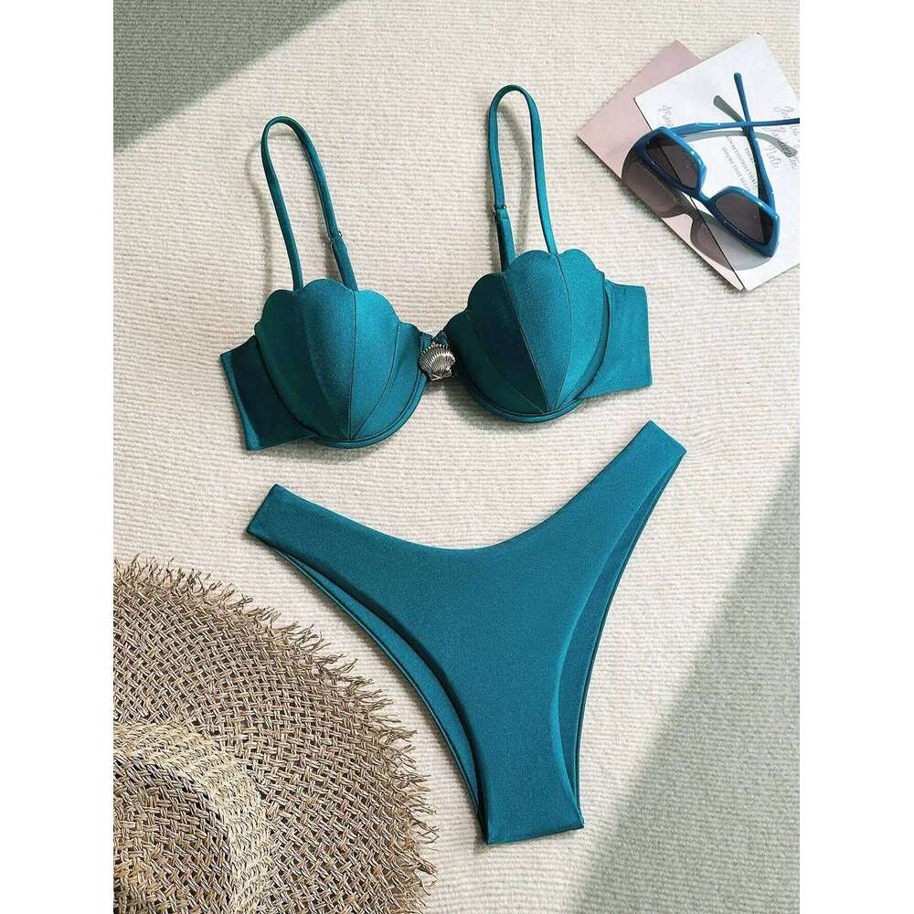 Sexy Push Up Underwire Bikini 2025 Women Summer Metal Shell Beach Bathing Suit Two Piece Swimsuit Pool Bathers Swimwear