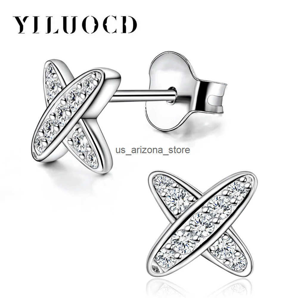 925 Silver Plated X Shaped Stud Earrings for Women Classic Cross Earrings with White Cubic Zirconia Simple Fashion Jewelry Q250614