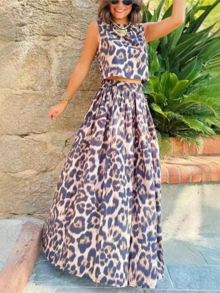 Casual Leopard Print Top Skirt Twopiece Suit Summer Women Fashion O Neck Suit Sexy Skirt 2pcs Set Casual Womens Clothing 250609