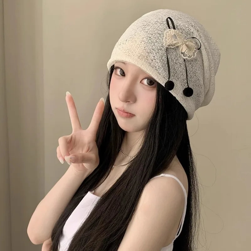Simple Spring and Summer Thin Korean Sweet and Cute Lace Bow Knitted Hat Women Versatile Solid Color Breathable Skull Beanie Cap 250613