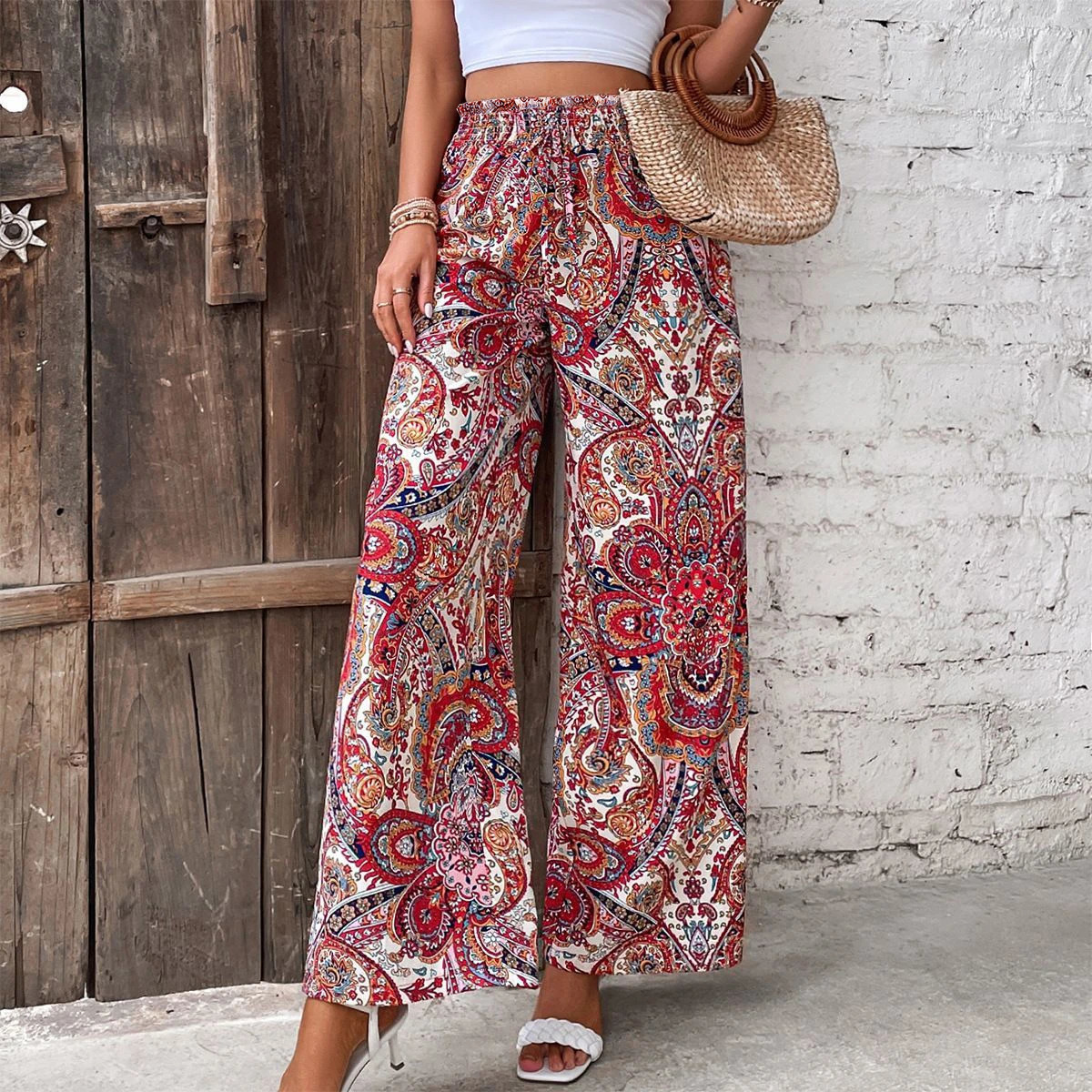 Bohemian High Waist Elastic Waist Printed Wide Leg Long Pants Women's Clothes Straight Casual Trousers Summer Vintage Trend250616