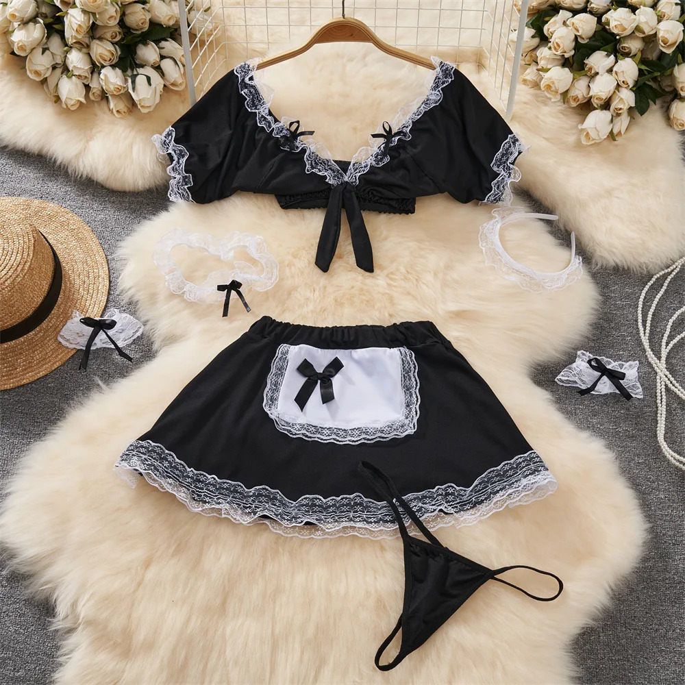 Sexy Maid cosplay uniforme lingerie sexy vneck crop top top élastique aline jupe courte ensemble sweet femmes vêtements secrets 250609