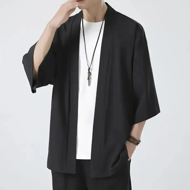 Mens Japanese Kimono Shirts Casual Open Stitch Lightweight Yukata Fashion Black Cardigan 34 Sleeve Outwear for Summer Vacation 250529
