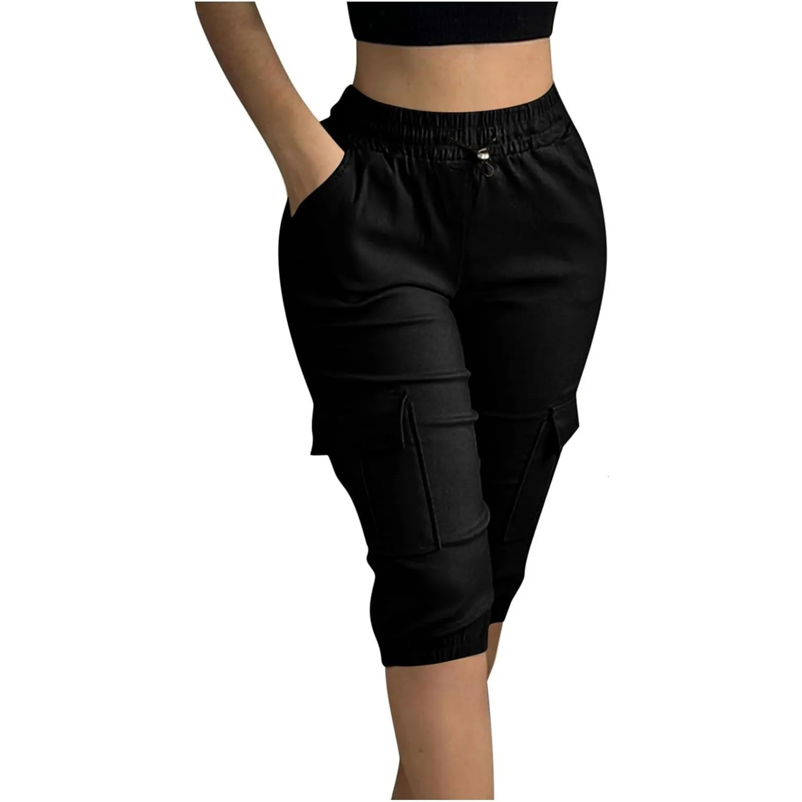 Femmes décontractées de couleur unie de poche slim ajustement couleur unie à la taille élastique décontractée capris chemises femme simples confo