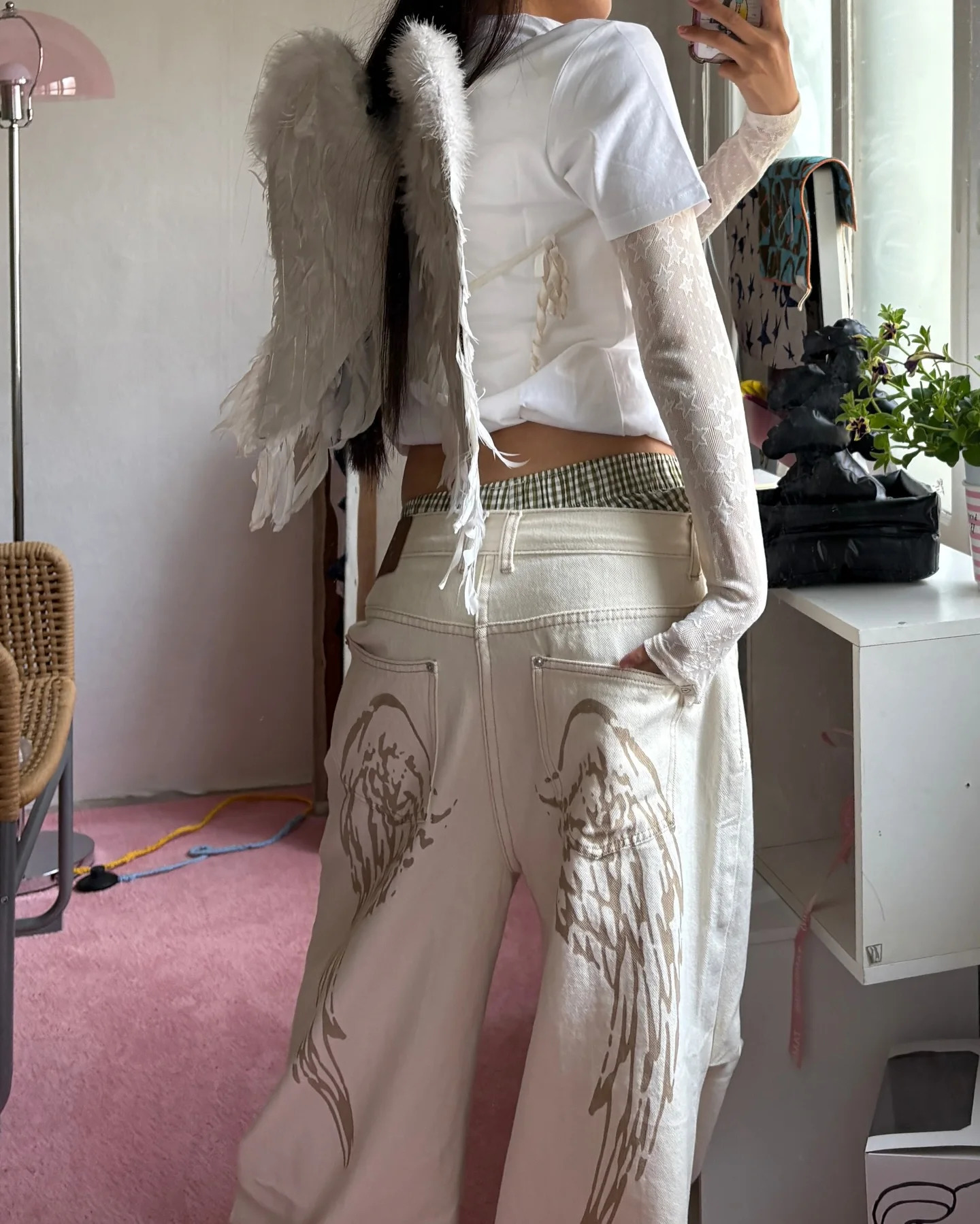 Y2k Style coréen à la mode jean Harajuku rétro Simple ange imprimé jean ample mode taille basse couleur unie pantalon droit 250613