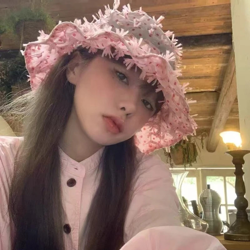 Chapeaux de seau en maille à pois à franges roses personnalisés femmes printemps et été mince mode crème solaire polyvalent doux chapeau de solei
